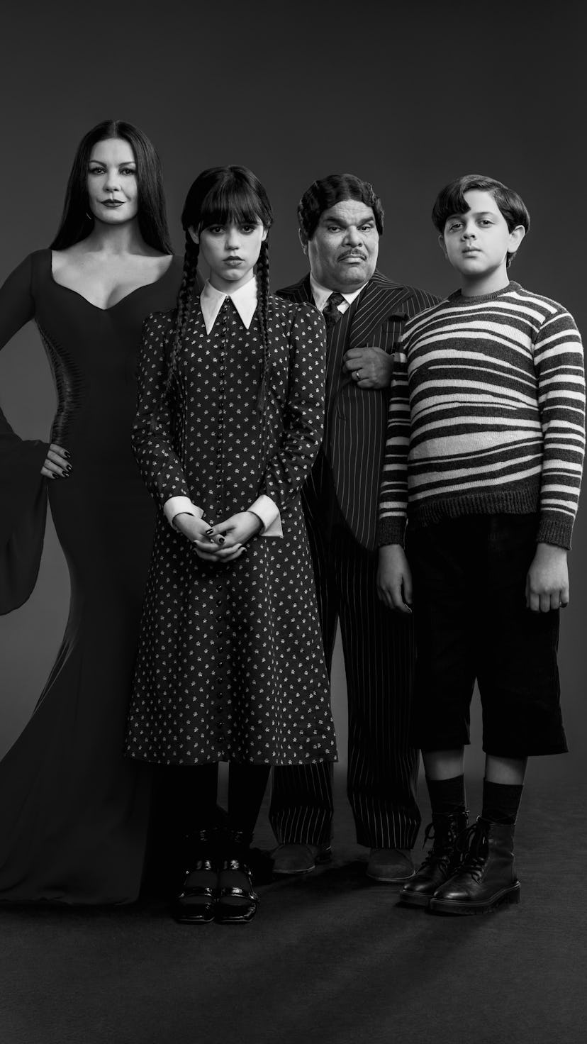 The Addams Family, as seen in 'Wednesday', in black and white.