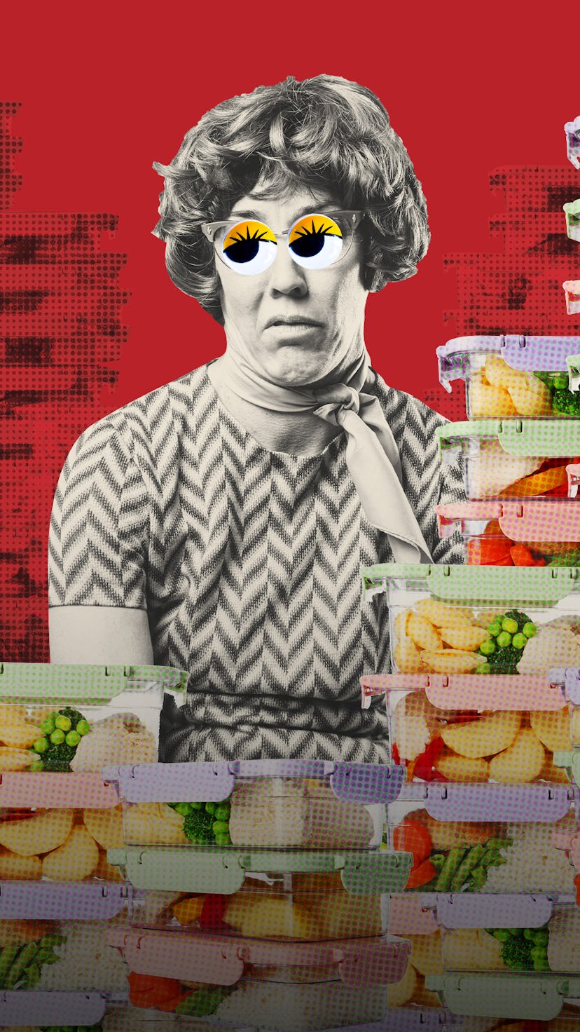 a lady gazing miserably upon her meal prep tupperware