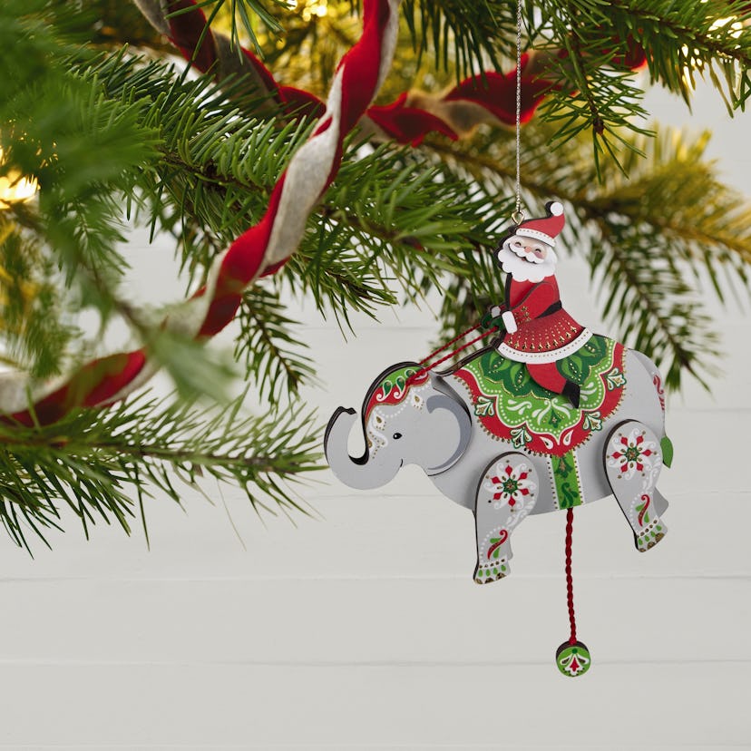 Pull-String Elephant With Santa Wood Ornament 