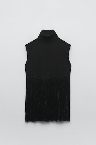 Zara black sleeveless turtleneck fringe top