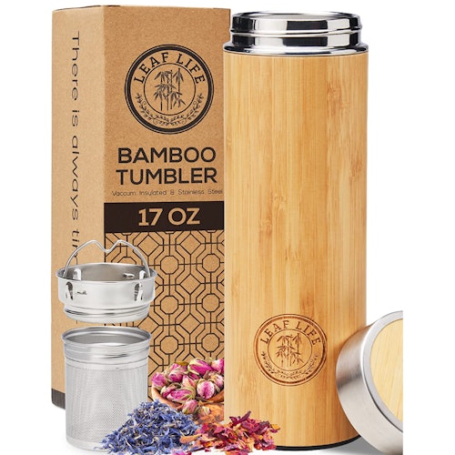 LeafLife Premium Bamboo Thermos with Tea Infuser & Strainer