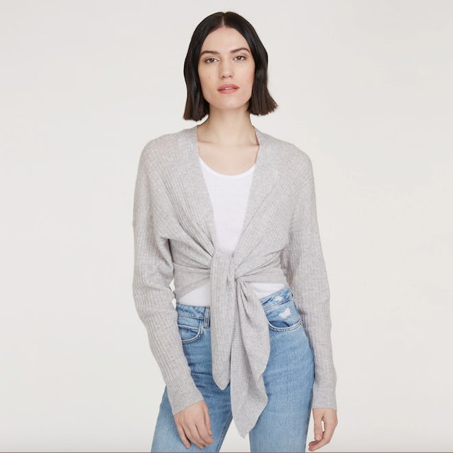 Tie Front Rib Cardigan in Fog
