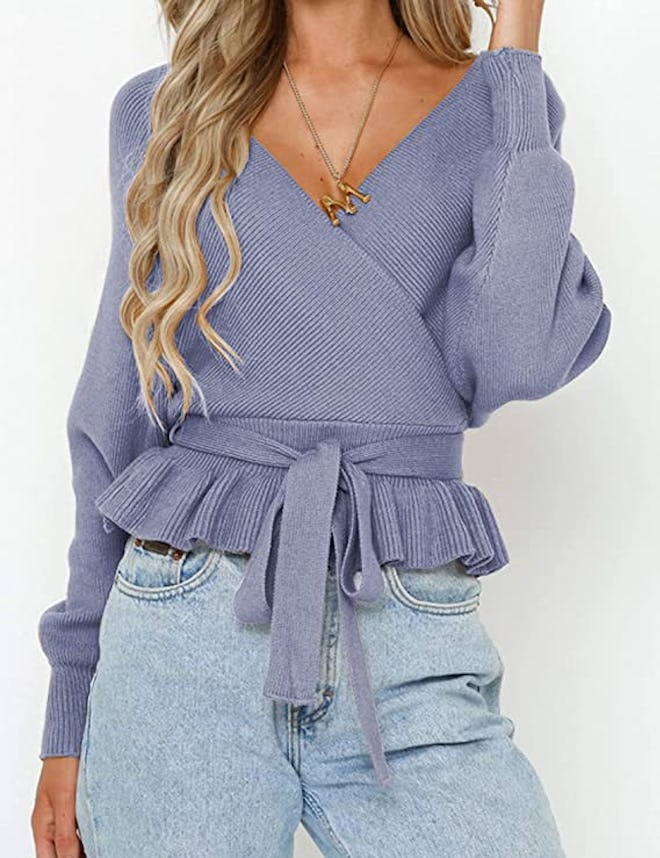 ZESICA Wrap Batwing Sleeve Knitted Sweater