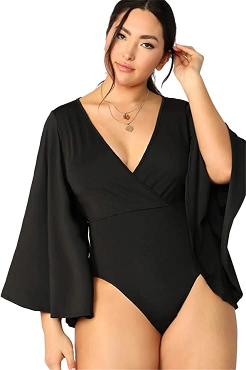 Shein Deep V-Neck Bell Sleeve Bodysuit