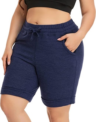 These plus-size sweat shorts have a stretchy fit and longer inseam.