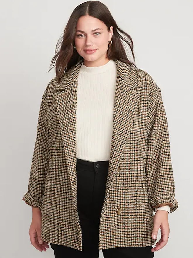 Soft-Brushed Houndstooth Plaid Button-Front Car Coat