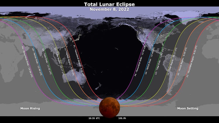 visualization of when the full moon eclipse november 2022 will be visible across the world