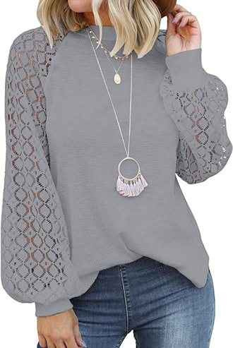 MIHOLL Long Sleeve Crewneck Top with Lace Sleeves
