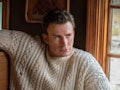 Chris Evans wearing a cable knit sweater in 'Knives Out' before being named 'People's 2022 Sexiest M...