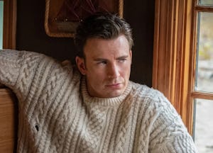 Chris Evans wearing a cable knit sweater in 'Knives Out' before being named 'People's 2022 Sexiest M...