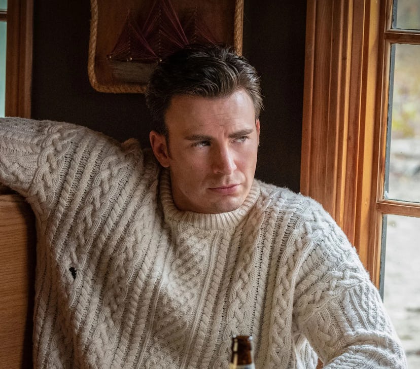 Chris Evans wearing a cable knit sweater in 'Knives Out' before being named 'People's 2022 Sexiest M...