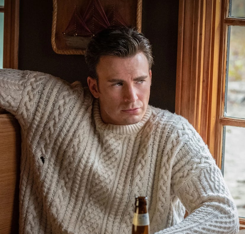 Chris Evans wearing a cable knit sweater in 'Knives Out' before being named 'People's 2022 Sexiest M...