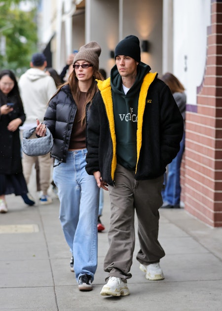 Hailey Bieber Wore a Cropped Puffer and Baggy Jeans
