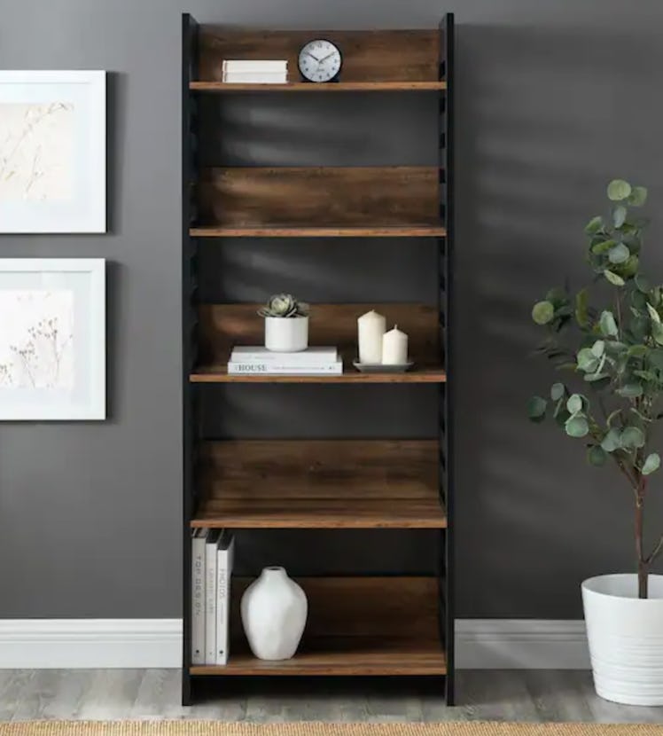 A black and wood Home Depot shelf is a Kendall Jenner inspired bathroom item for self-care routines.