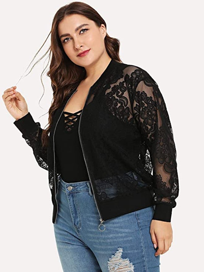 Floerns Sheer Floral Lace Baseball Jacket