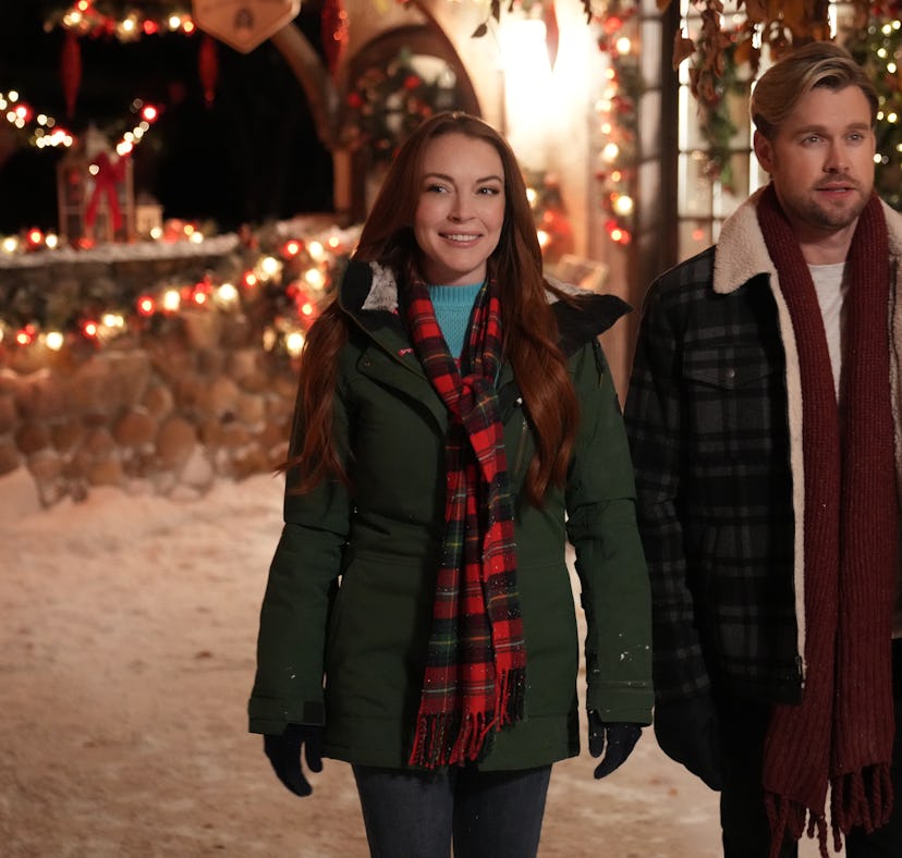 Lindsay Lohan as Sierra, Chord Overstreet as Jake in Falling For Christmas