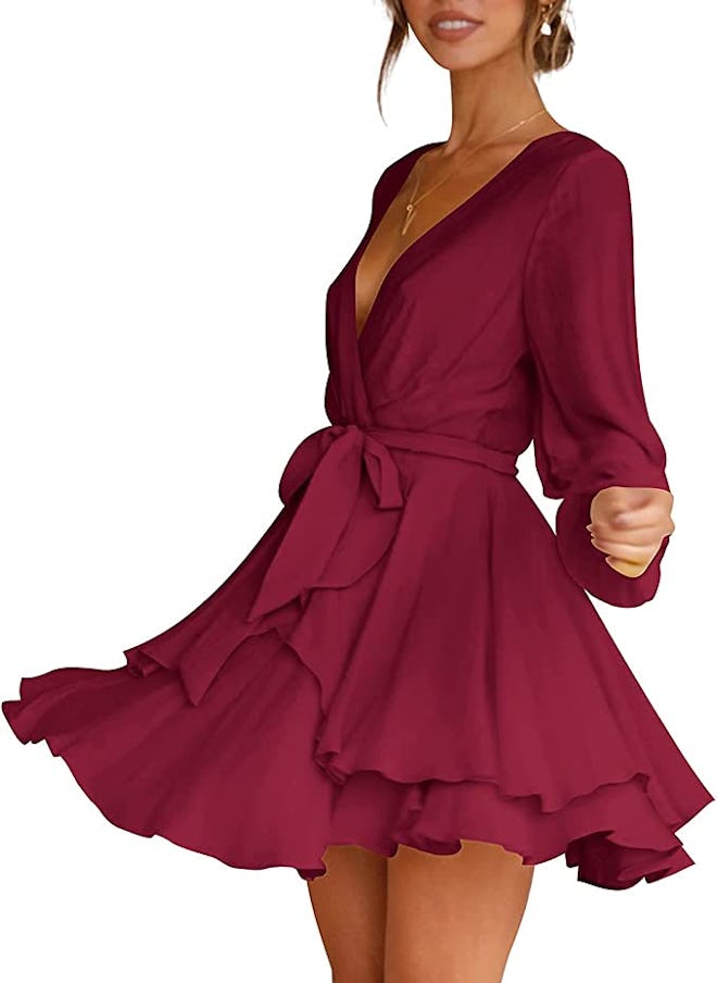 Cosonsen Deep V-Neck Ruffle Mini Swing Dress