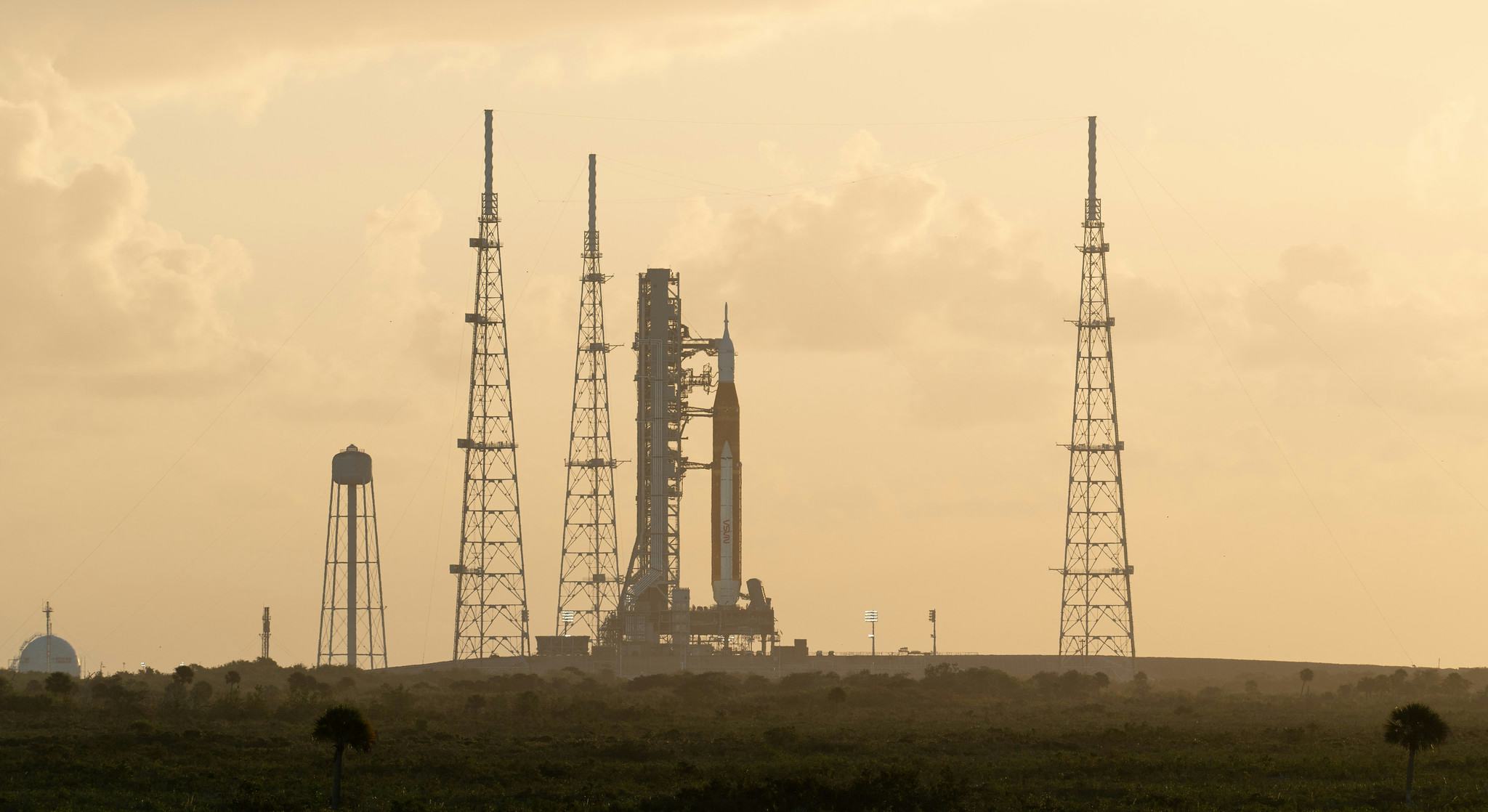 NASA’s Space Launch System (SLS) rocket with the Orion spacecraft aboard is seen atop the mobile lau...