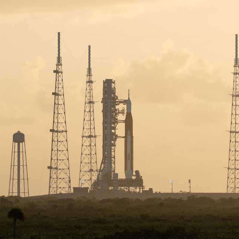 NASA’s Space Launch System (SLS) rocket with the Orion spacecraft aboard is seen atop the mobile lau...