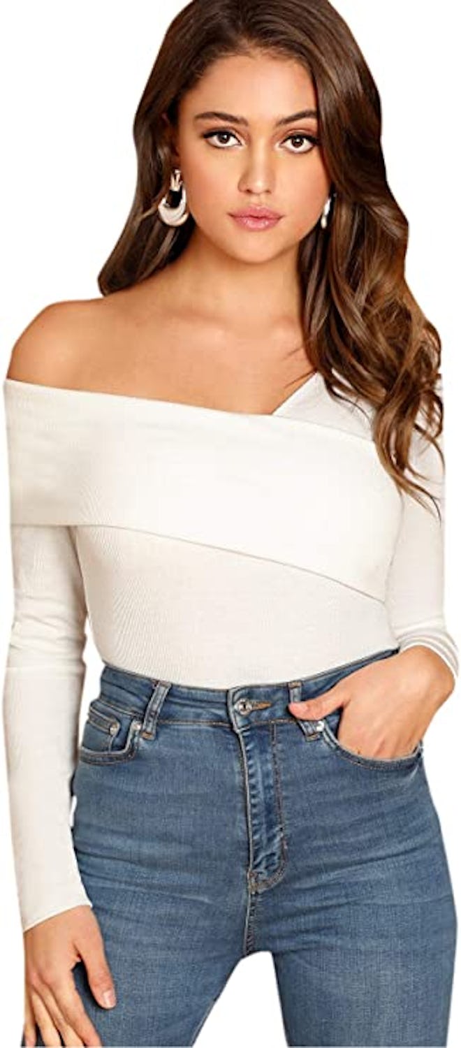 Romwe Cross Off Shoulder Ribbed Blouse