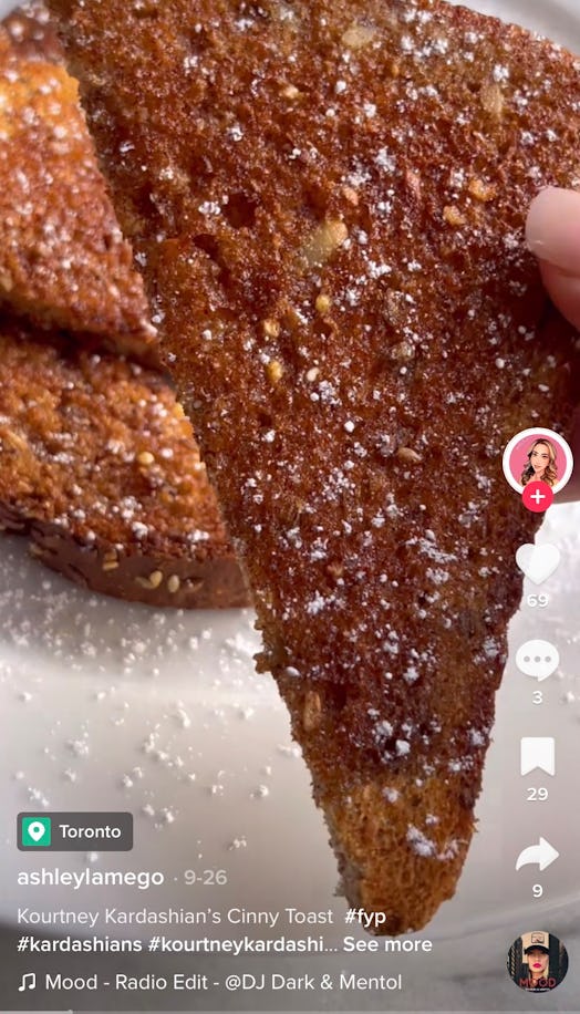 A TikToker shows how to make Kourtney Kardashian's cinnamon toast recipe on TikTok. 