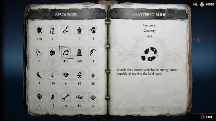 Shattered Runes in God of War game menu