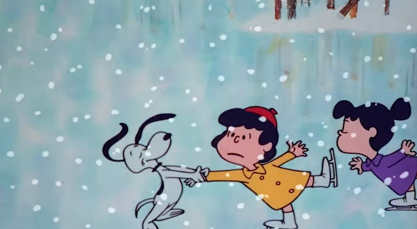 Still from 'A Charlie Brown Christmas'; Lucy, Violet and Snoopy Ice Skating