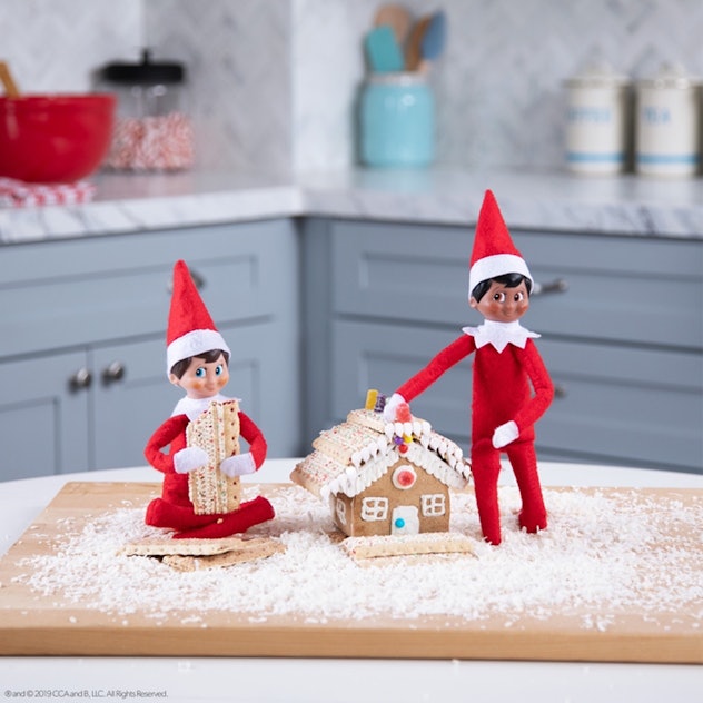 Another Elf on the Shelf idea for 2 Elves is to have them make a gingerbread house together.