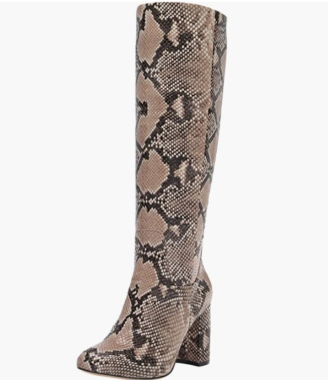a pair of snakeskin boots with a 3-inch heel and knee-high shaft