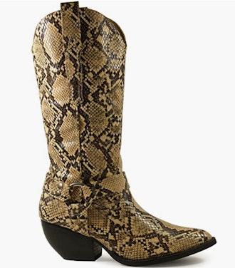 a pair of classic cowboy boots in a snakeskin print