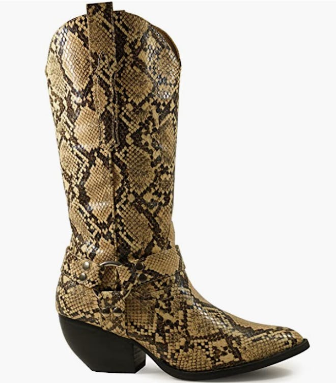 a pair of classic cowboy boots in a snakeskin print