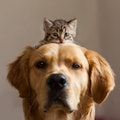 Kitten sitting on a dog's head