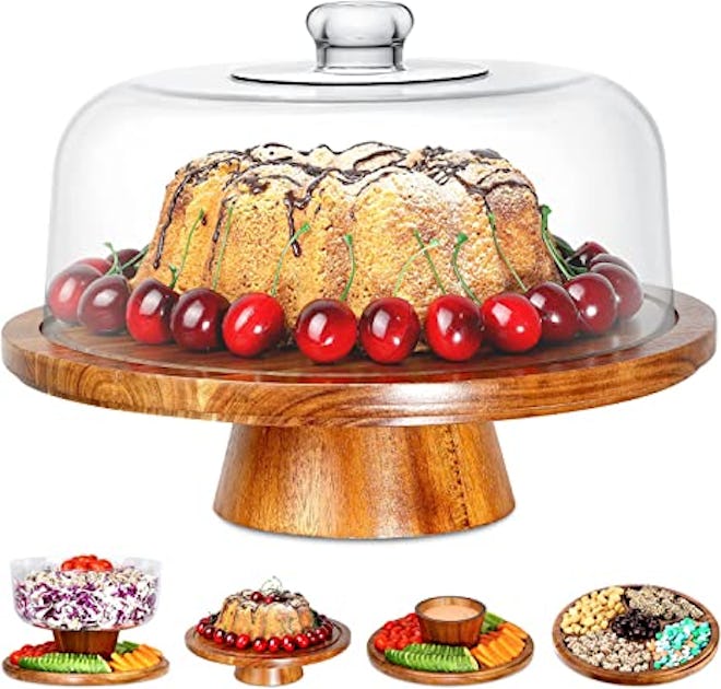 A great gift for Great British Baking Show fans would be this cake stand, with a brown wood base and...