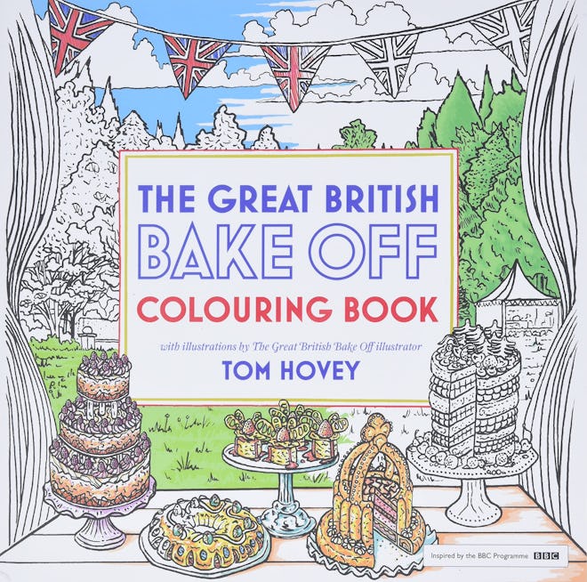 Great British Bake Off gifts ideas include this coloring book, which includes desserts and scenes fr...