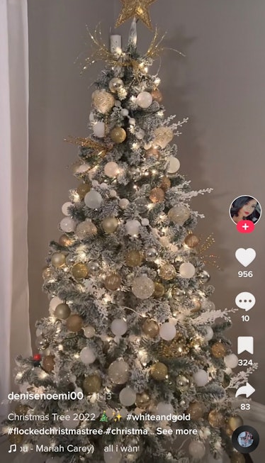 A TikToker shows off their gold and white Christmas tree and how to decorate a white Christmas tree ...