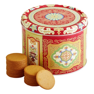 Yummy gingersnap cookies with a red patterned collectible tin, a sweet treat to gift Great British B...