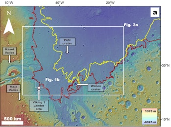 relief map of Martian surface with locations of craters, tsunami extents, and spacecraft landings ma...