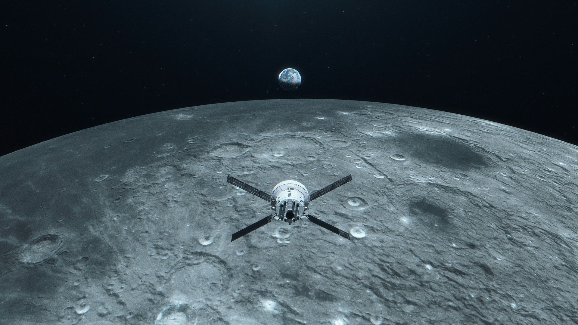 artist's rendering of Orion in orbit of Moon