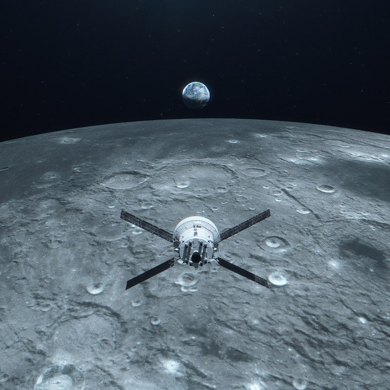 artist's rendering of Orion in orbit of Moon