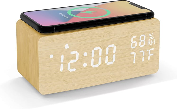 JALL Wooden Alarm Clock with Wireless Charger