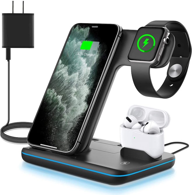 This 3-in-1 charging station fits on your nightstand and can wirelessly charge your phone, has a cha…