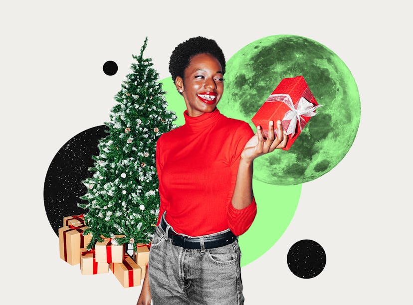 A young woman with a present, thinking about her Christmas 2022 horoscope