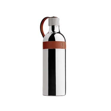 a silver water bottle with metal trim