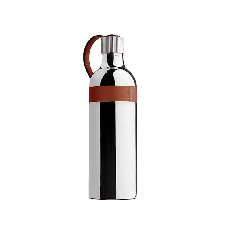 a silver water bottle with metal trim