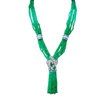 an emerald lariat necklace with a diamond tiger clasp