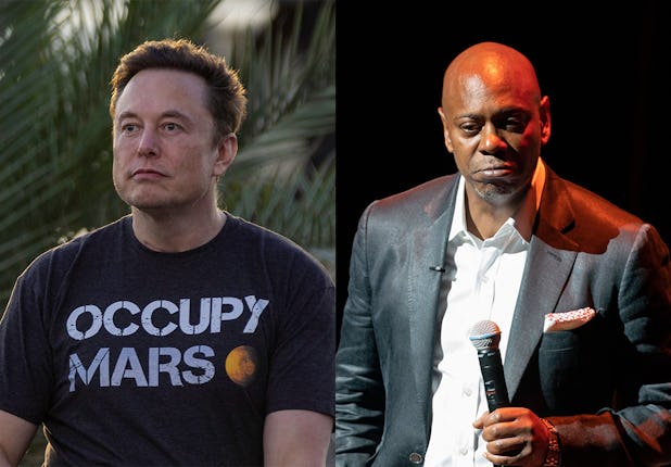 Elon Musk frowning and wearing an "Occupy Mars" t-shirt; Dave Chappelle frowning wearing a grey suit...