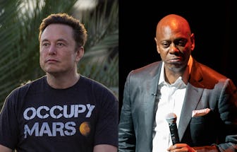 Elon Musk frowning and wearing an "Occupy Mars" t-shirt; Dave Chappelle frowning wearing a grey suit...