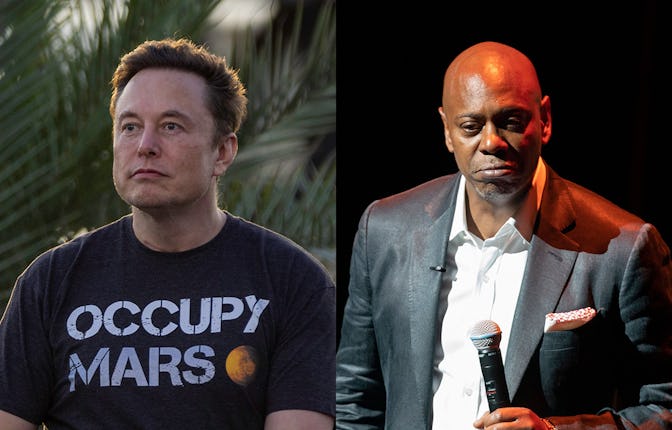 Elon Musk frowning and wearing an "Occupy Mars" t-shirt; Dave Chappelle frowning wearing a grey suit...