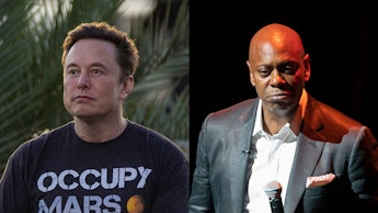 Elon Musk frowning and wearing an "Occupy Mars" t-shirt; Dave Chappelle frowning wearing a grey suit...