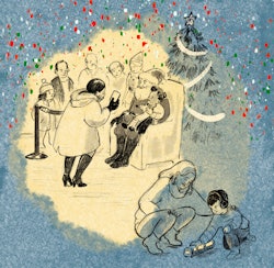 An illustration by Emily Flake of a child playing quietly with a train next to a frantic holiday sce...